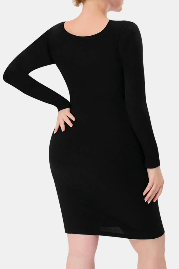 Back view of woman wearing a black Basic Bae Neck Long Dress, showcasing its elegant fit and high neckline.