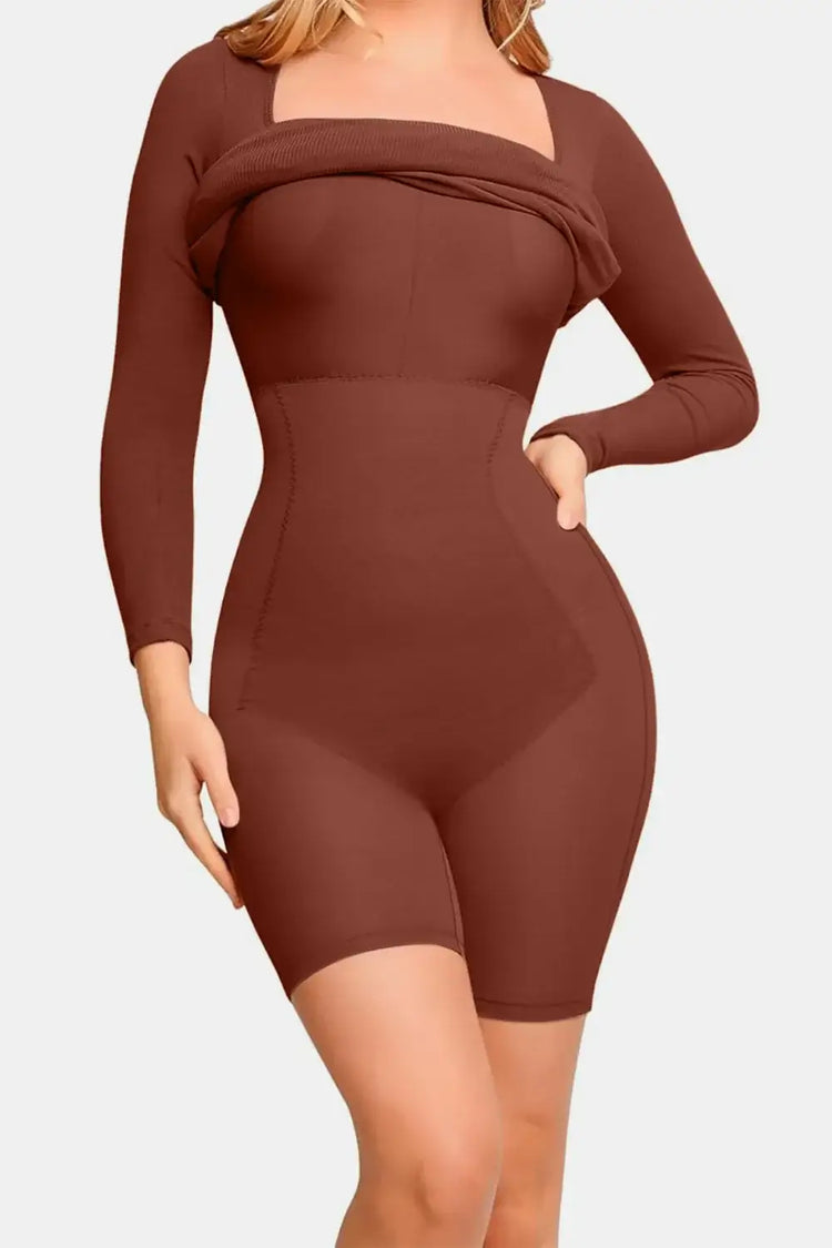 Brown long sleeve bodycon dress with square neckline and fitted design.