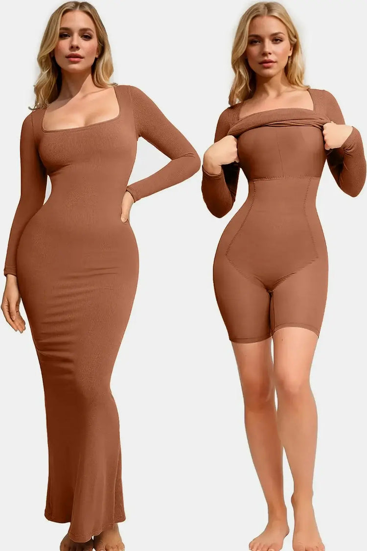 Model wearing a brown neck long sleeve dress with built-in shapewear, showcasing seamless design and elegant silhouette.