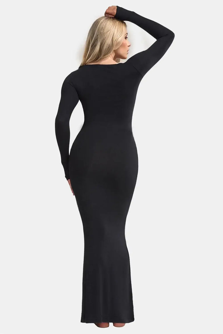 Woman wearing a black neck long sleeve dress showcasing a sleek silhouette with built-in shapewear technology for a stylish look.