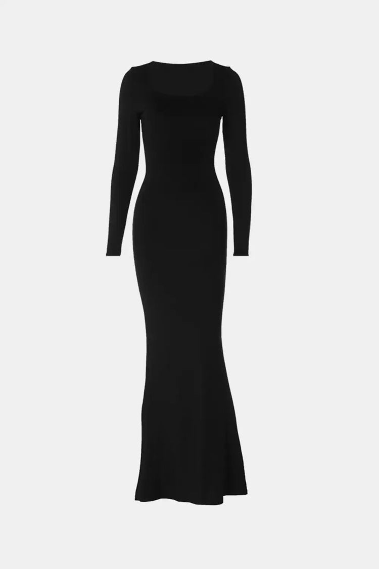 Black neck long sleeve dress with built-in shapewear technology, features a sleek silhouette and modern square neckline.