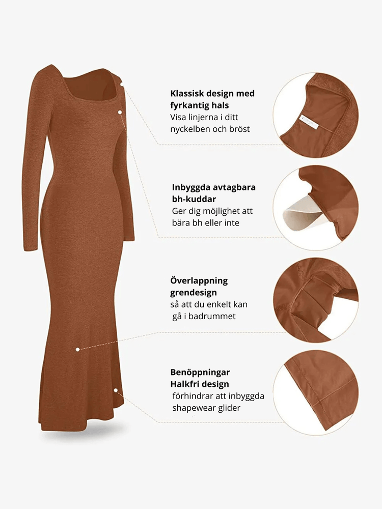 Brown neck long sleeve dress with square neckline, seamless design, removable bra pads, and split hem for easy movement.