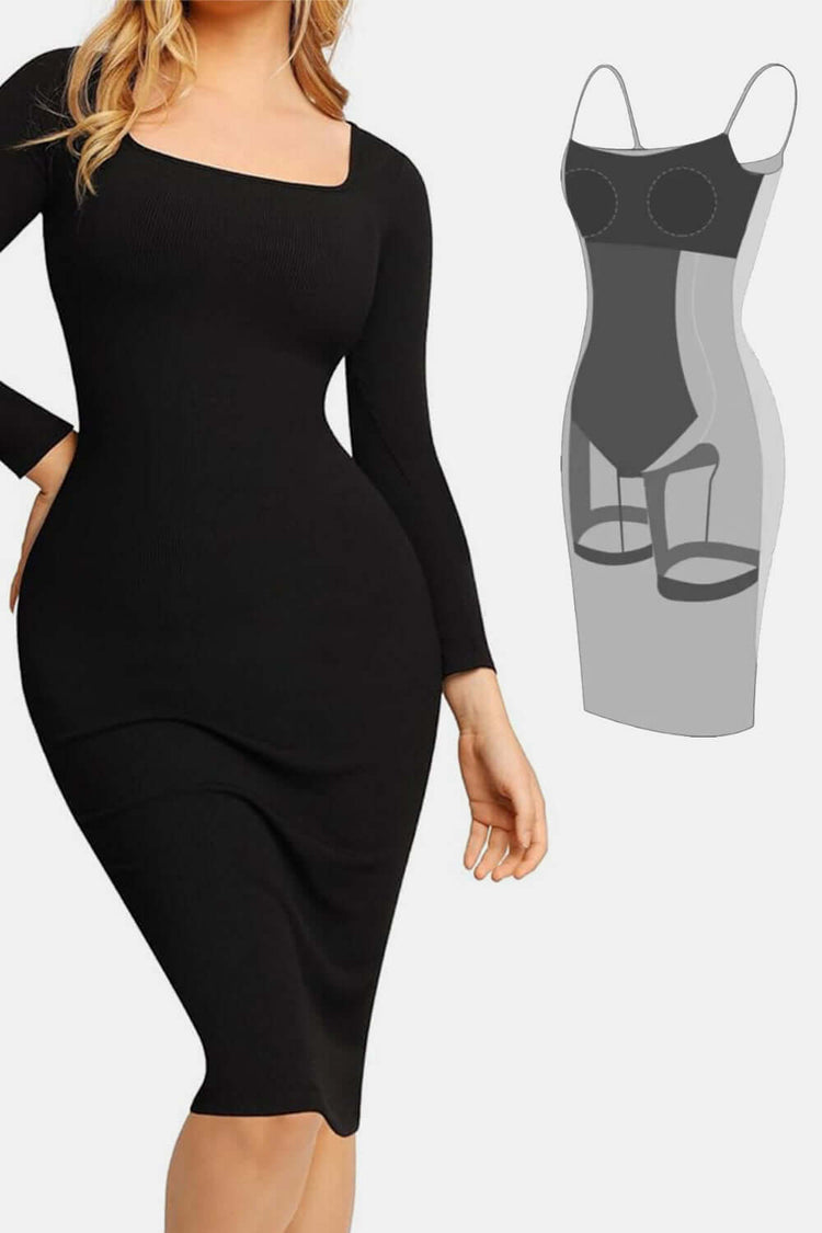 Woman wearing a black Basic Bae Neck Long Dress, highlighting its form-fitting, elegant design with sketch overlay.