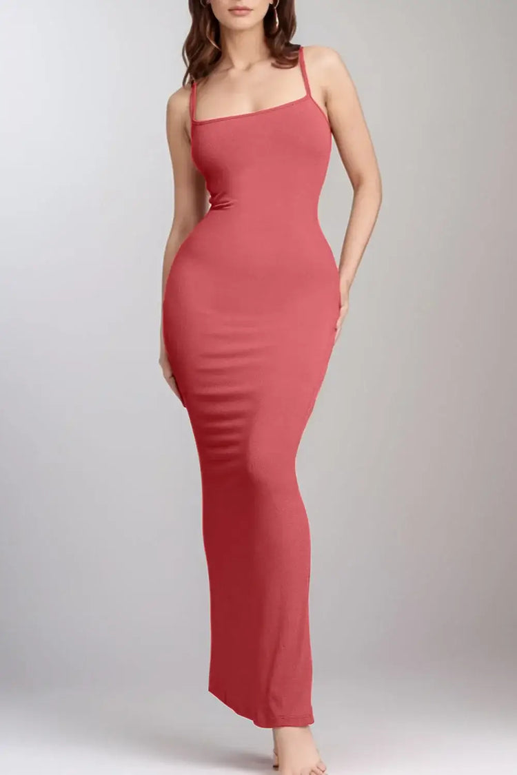 Shaper sleeveless maxi dress in coral red, features built-in shapewear, seamless comfort, and elegant full-length design for a slim silhouette.