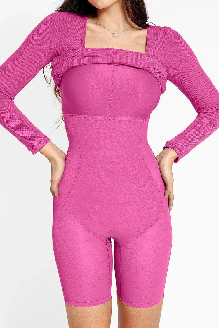 Woman wearing a pink bodycon dress with long sleeves, showcasing a sleek and stylish design.
