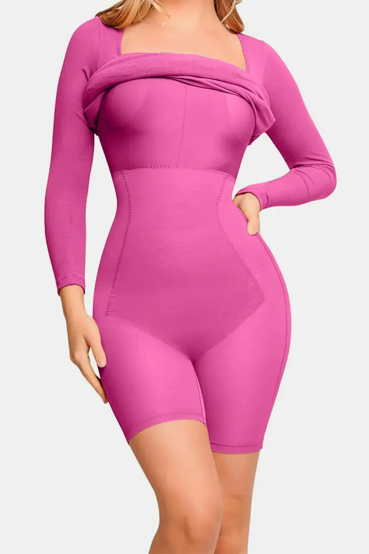 Woman wearing a pink long-sleeve bodycon dress with a square neckline, showcasing a flattering silhouette.