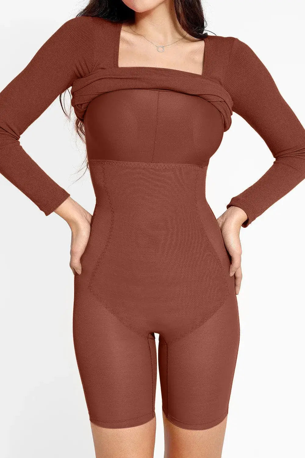 Brown shapewear with long sleeves, designed to enhance the silhouette and provide a sleek, comfortable fit.