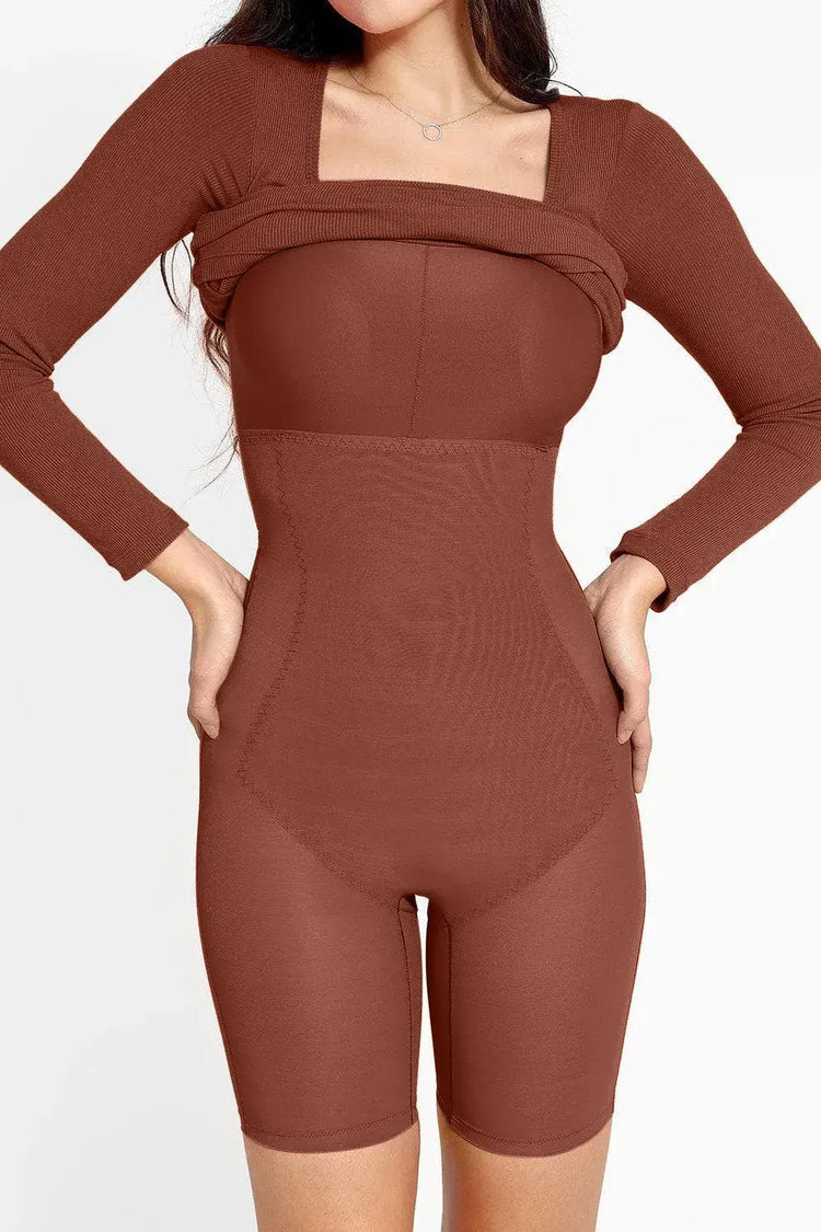 Brown shapewear with long sleeves, designed to enhance the silhouette and provide a sleek, comfortable fit.