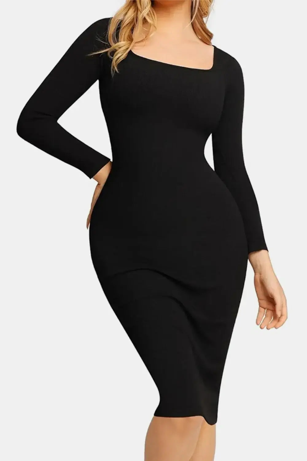 Basic Bae Neck Long Dress showcasing elegant and flattering silhouette in black with long sleeves for a sophisticated style.