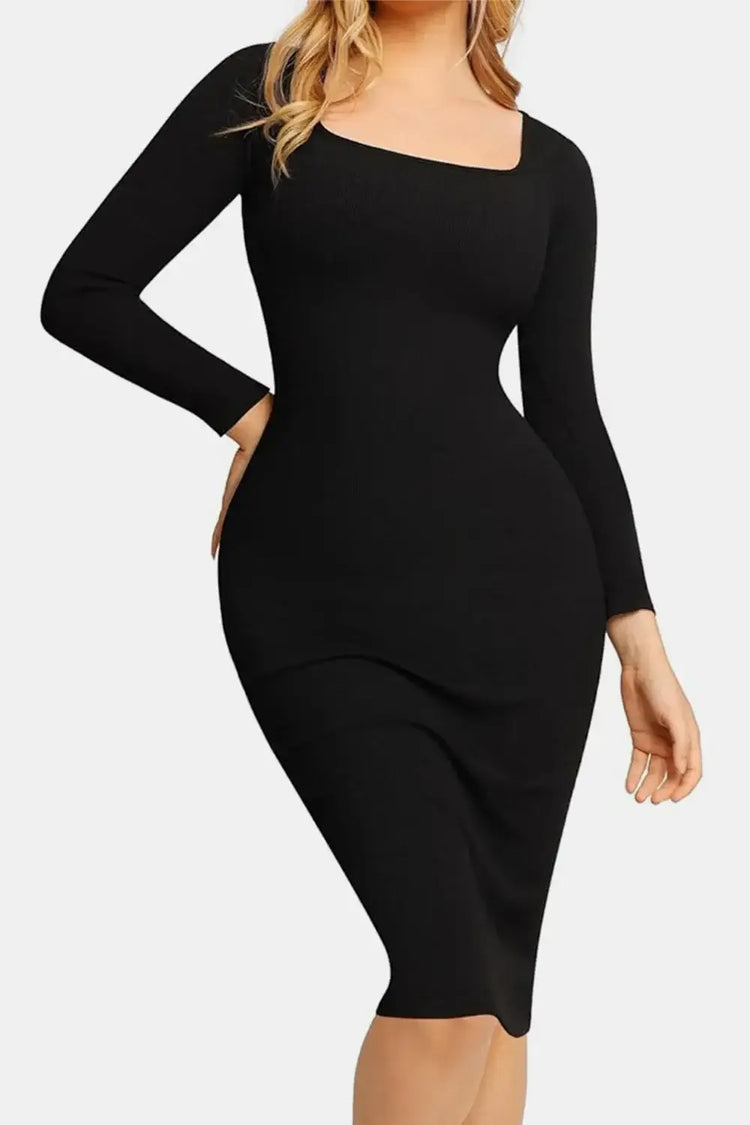 Basic Bae Neck Long Dress showcasing elegant and flattering silhouette in black with long sleeves for a sophisticated style.