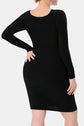 Back view of woman wearing a black Basic Bae Neck Long Dress, showcasing its elegant fit and high neckline.