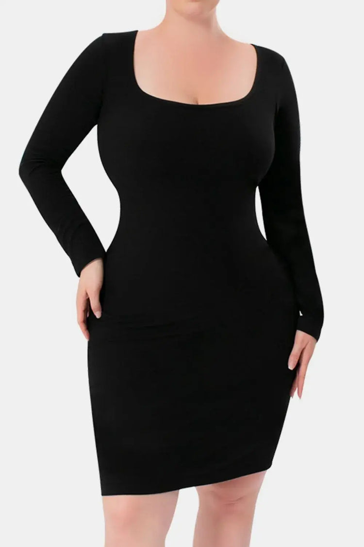 Woman wearing Basic Bae Neck Long Dress with long sleeves, showcasing a flattering silhouette and elegant design in black.