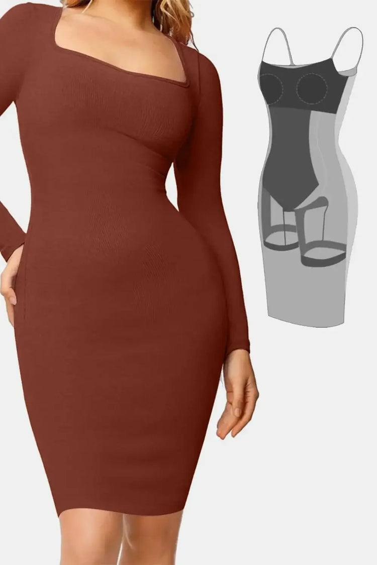 Woman wearing a brown bodycon dress with a long sleeve and asymmetric neckline, with a line drawing of the dress design beside her.