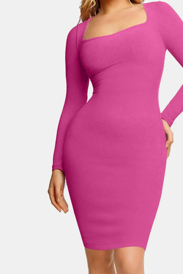 Woman wearing a pink long sleeve, form-fitting dress showcasing a sophisticated and flattering silhouette.
