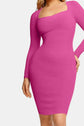 Woman wearing a pink long sleeve, form-fitting dress showcasing a sophisticated and flattering silhouette.