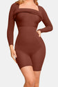 Brown long sleeve bodycon dress with square neckline and fitted design.