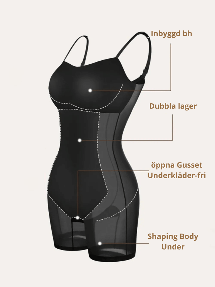 Shaping body undergarment with built-in bra, double layers, and open gusset for seamless support, shown in black.