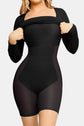 Black stretch long-sleeve figure-hugging dress with square neckline and sheer details, highlighting the silhouette elegantly.