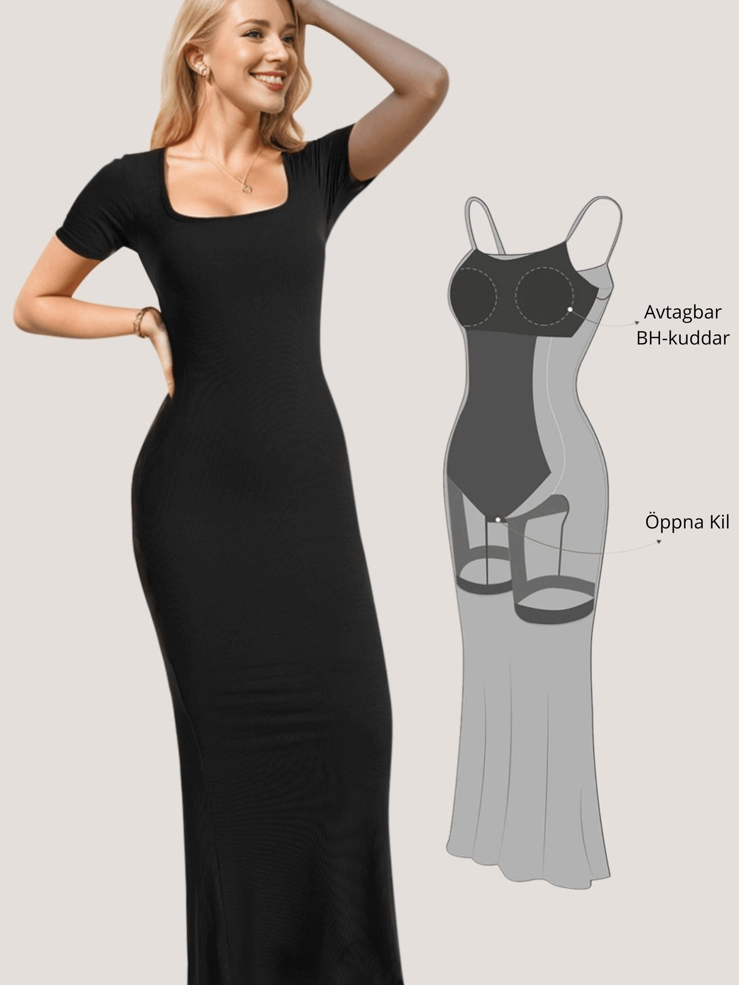 Woman wearing Basic Bae Sleeve Shapewear Maxi Dress with inset design features for support and comfort, black color.