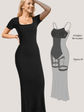 Woman wearing Basic Bae Sleeve Shapewear Maxi Dress with inset design features for support and comfort, black color.