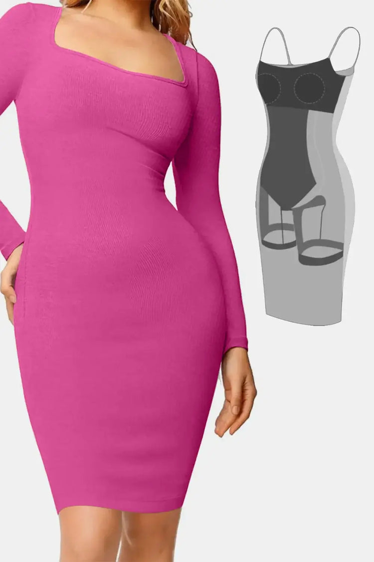 Woman wearing a pink long-sleeve bodycon dress with square neckline, showcasing shapewear design.