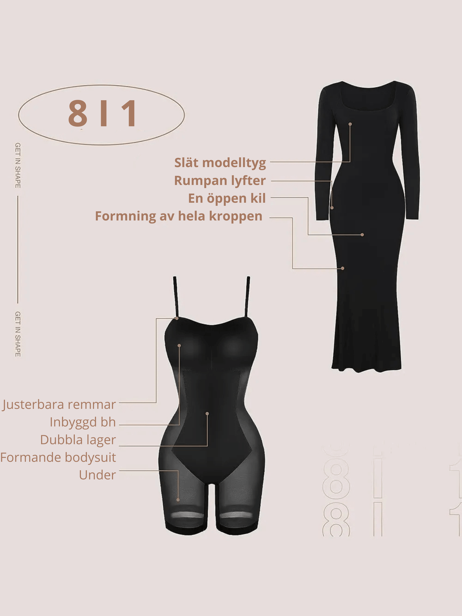 Black neck long sleeve dress with built-in shapewear and square neck design for a smooth silhouette, shown with a bodysuit.