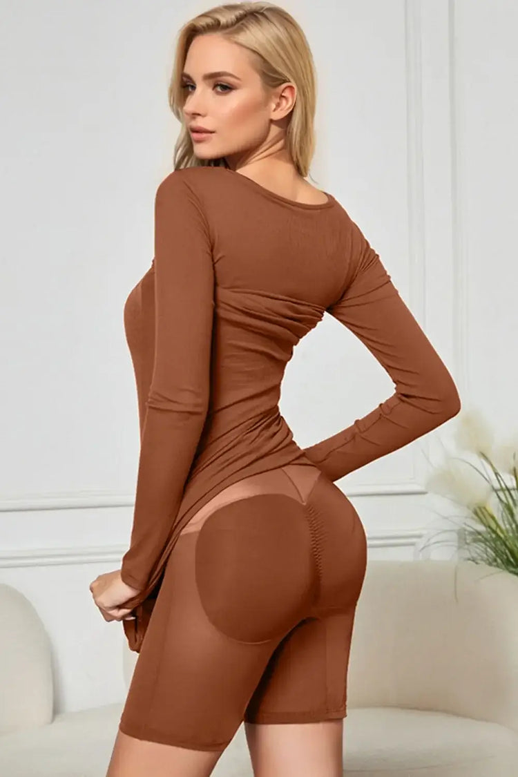 Woman wearing a brown long sleeve neck dress with built-in shapewear, emphasizing a smooth silhouette and confidence boost.
