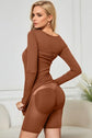 Woman wearing a brown long sleeve neck dress with built-in shapewear, emphasizing a smooth silhouette and confidence boost.