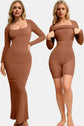 Model wearing a brown neck long sleeve dress with built-in shapewear, showcasing seamless design and elegant silhouette.