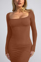 Woman wearing a brown neck long sleeve dress with square neckline, showcasing slim silhouette and built-in shapewear technology.