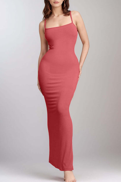 Woman wearing a stylish shaper sleeveless maxi dress with seamless comfort and built-in shapewear for an elegant silhouette.