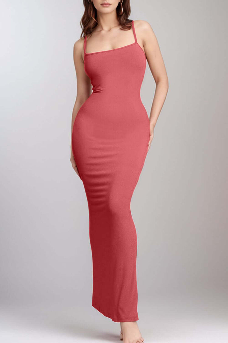 Woman wearing a stylish shaper sleeveless maxi dress with seamless comfort and built-in shapewear for an elegant silhouette.