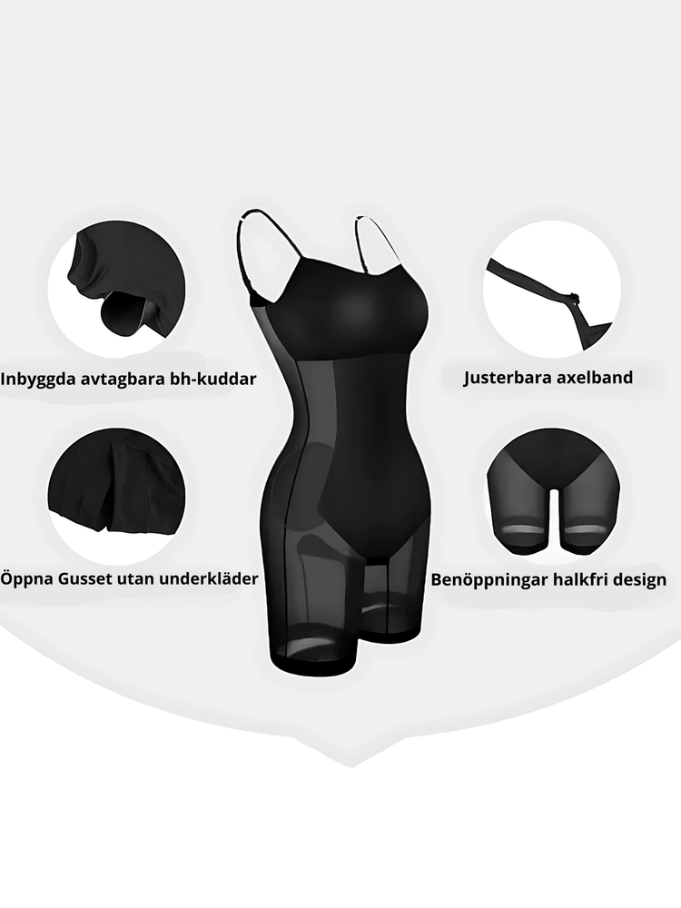 Shaper Sleeveless Maxi Dress features, including detachable bra pads, adjustable straps, open gusset, and non-slip leg openings.