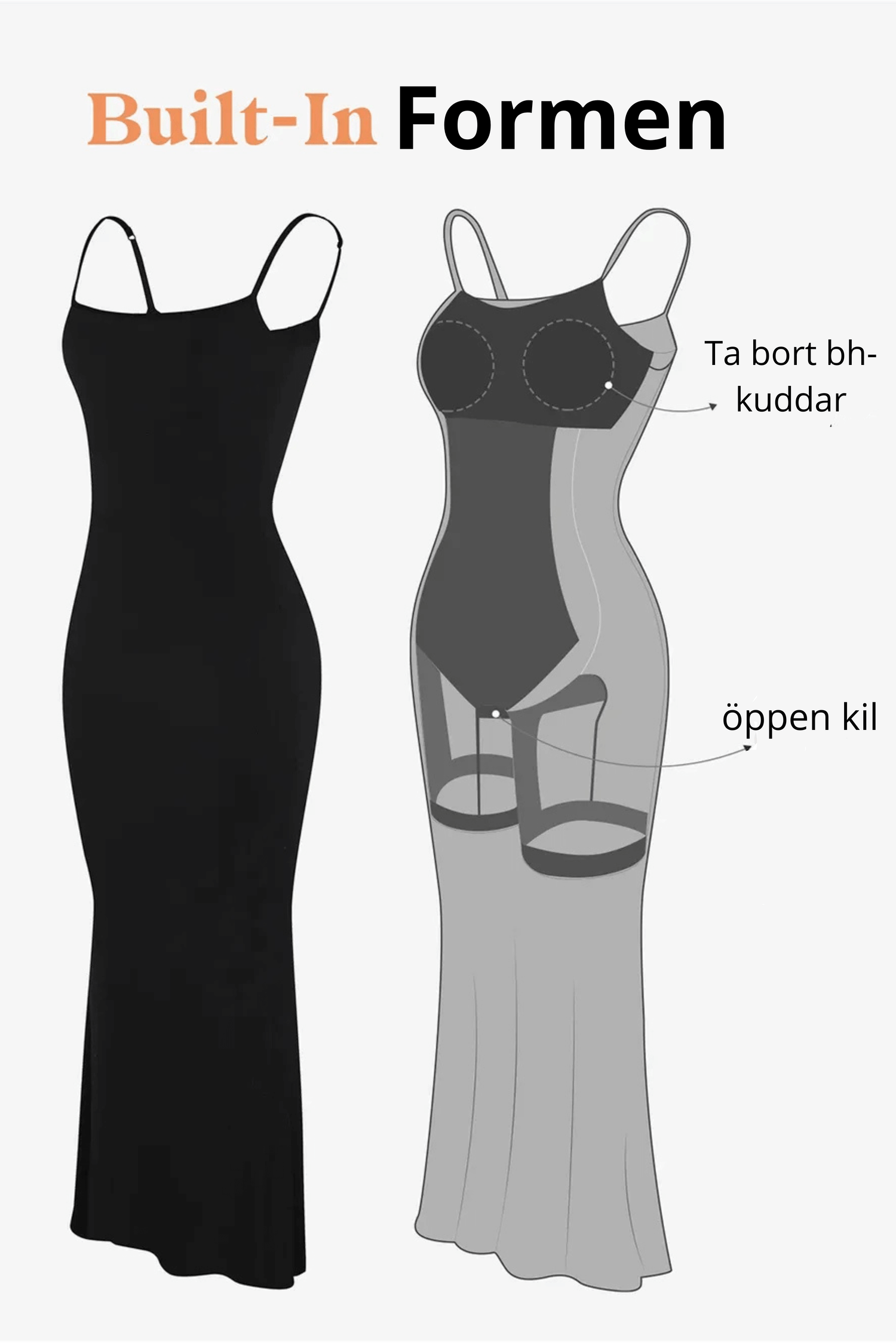Illustration of a Shaper Sleeveless Maxi Dress with built-in shapewear, highlighting removable bra pads and open gusset.