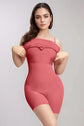 Woman wearing a red shaper bodysuit, demonstrating seamless design for a slim silhouette, maxi-length option, and comfort features.